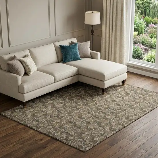 Brown And Ivory Floral Washable Area Rug With UV Protection Photo 1