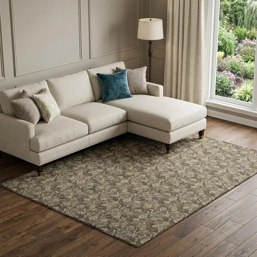 Brown And Ivory Floral Washable Area Rug With UV Protection Photo 1