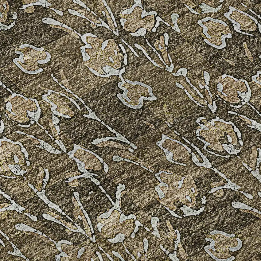 Brown And Ivory Floral Washable Area Rug With UV Protection Photo 9