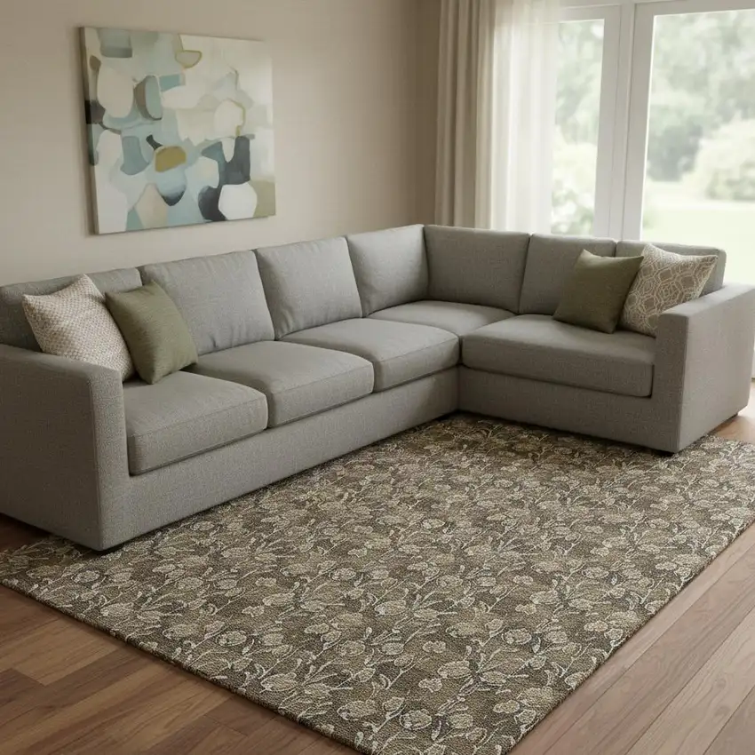 Brown And Ivory Floral Washable Area Rug With UV Protection Photo 1