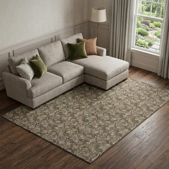 Brown And Ivory Floral Washable Area Rug With UV Protection Photo 1