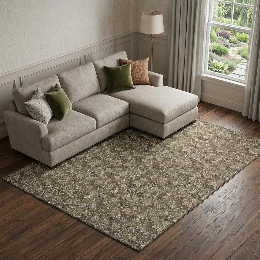 Brown And Ivory Floral Washable Area Rug With UV Protection Photo 1