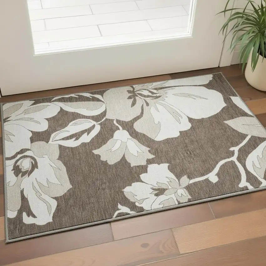 Brown And Ivory Floral Washable Area Rug With UV Protection Photo 2