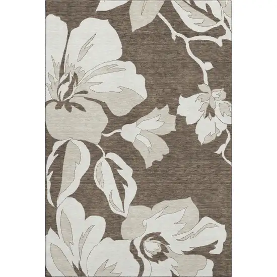 Brown And Ivory Floral Washable Area Rug With UV Protection Photo 1