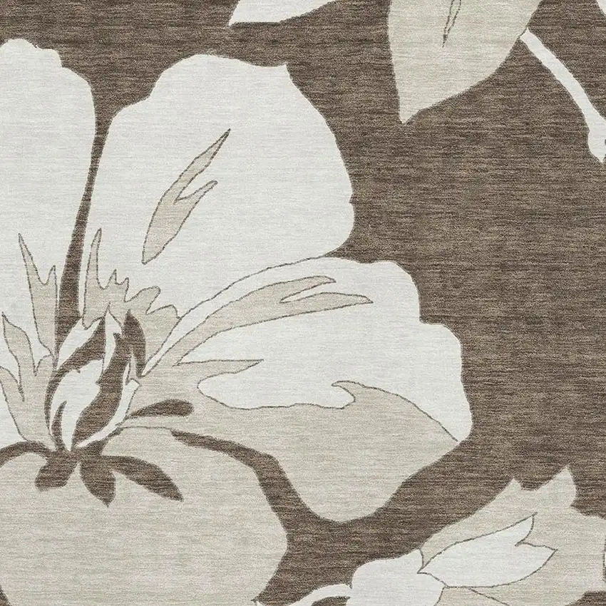 Brown And Ivory Floral Washable Area Rug With UV Protection Photo 3