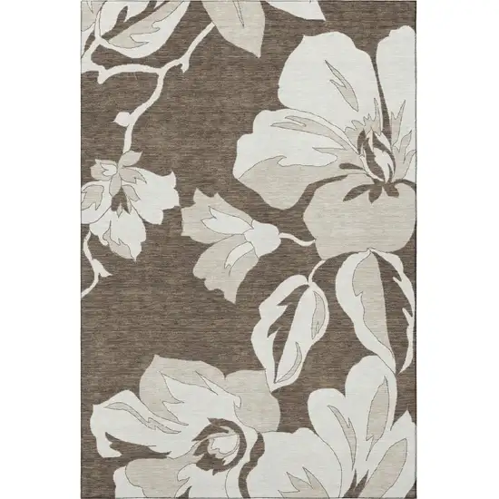 Brown And Ivory Floral Washable Area Rug With UV Protection Photo 4