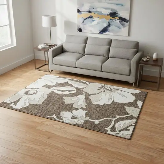 Brown And Ivory Floral Washable Area Rug With UV Protection Photo 2
