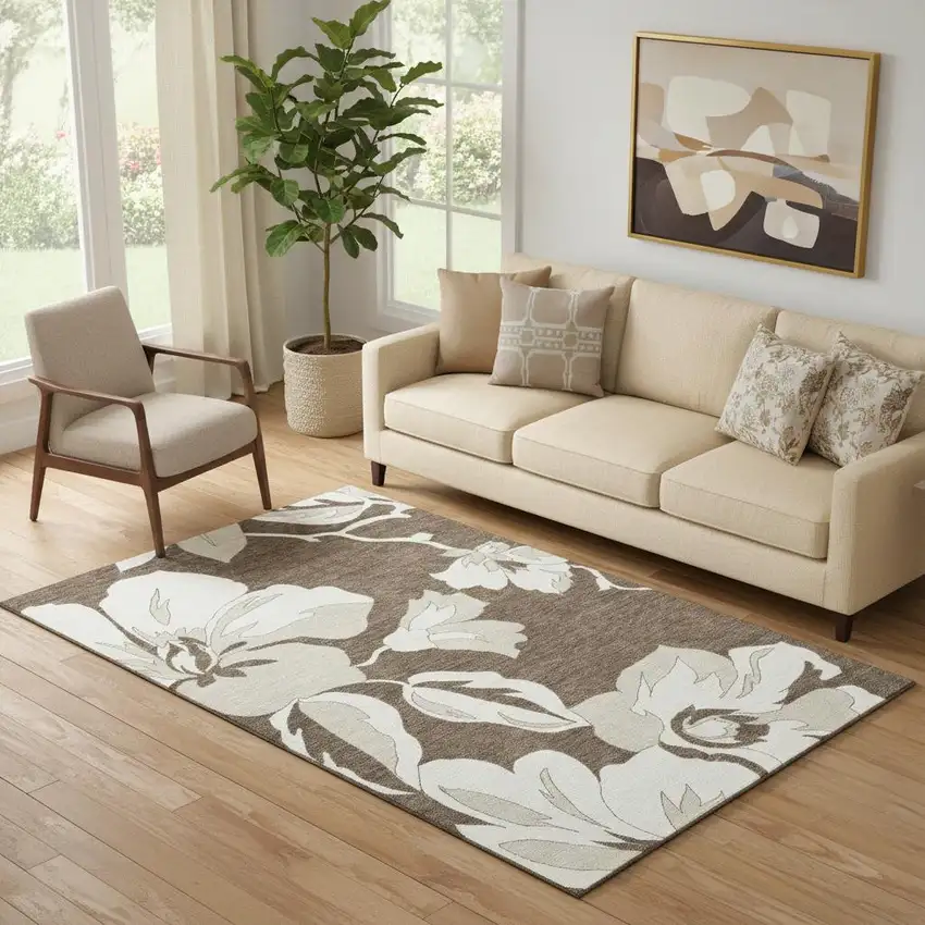 Brown And Ivory Floral Washable Area Rug With UV Protection Photo 1