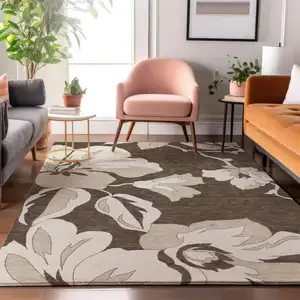 Photo of Brown And Ivory Floral Washable Area Rug With UV Protection