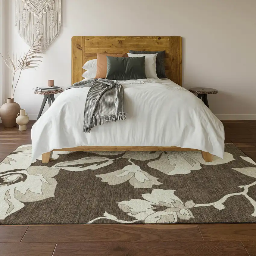 Brown And Ivory Floral Washable Area Rug With UV Protection Photo 6