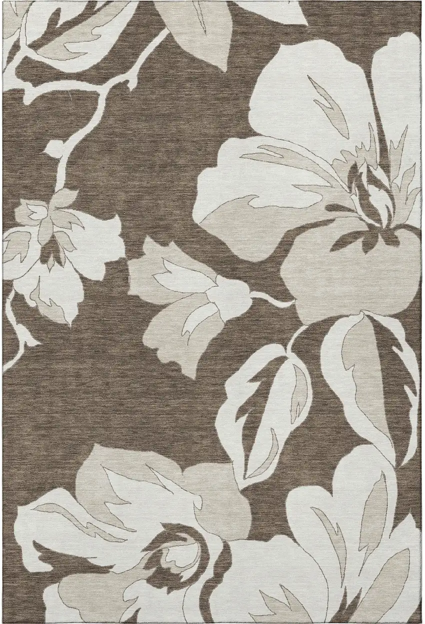 Brown And Ivory Floral Washable Area Rug With UV Protection Photo 4