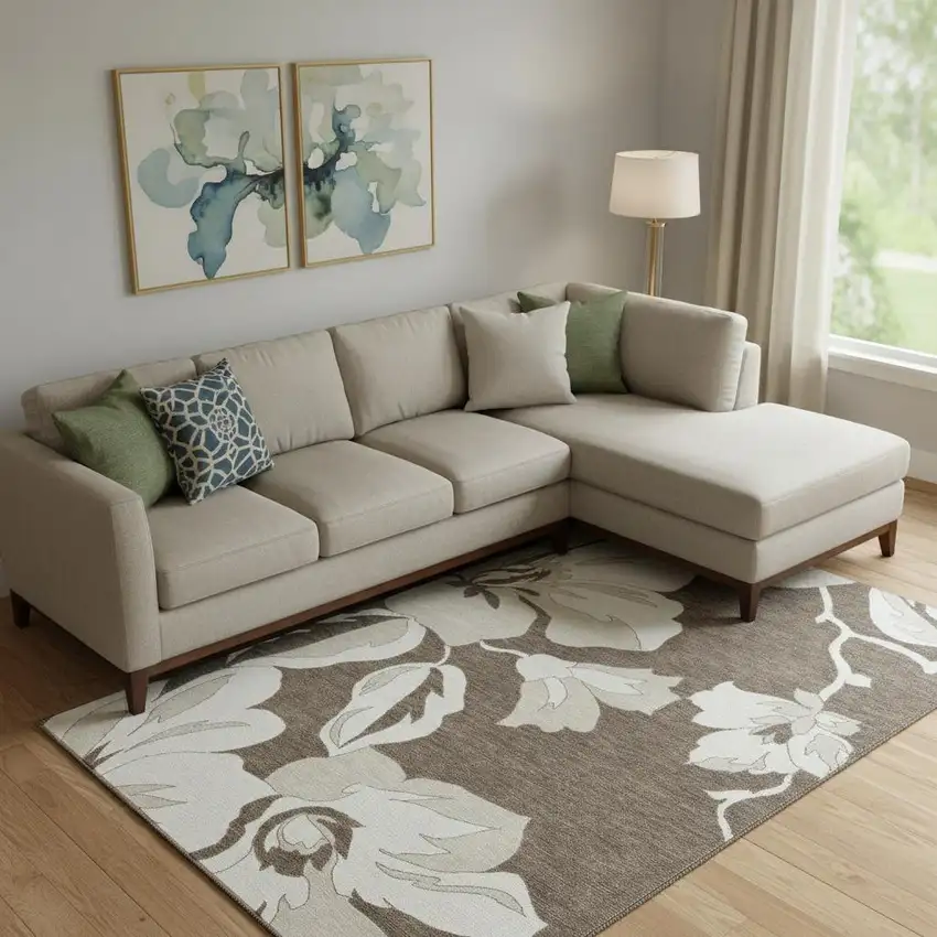 Brown And Ivory Floral Washable Area Rug With UV Protection Photo 1