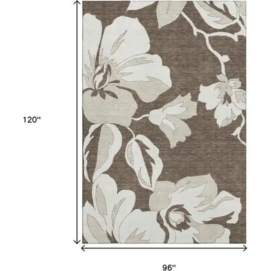 Brown And Ivory Floral Washable Area Rug With UV Protection Photo 8