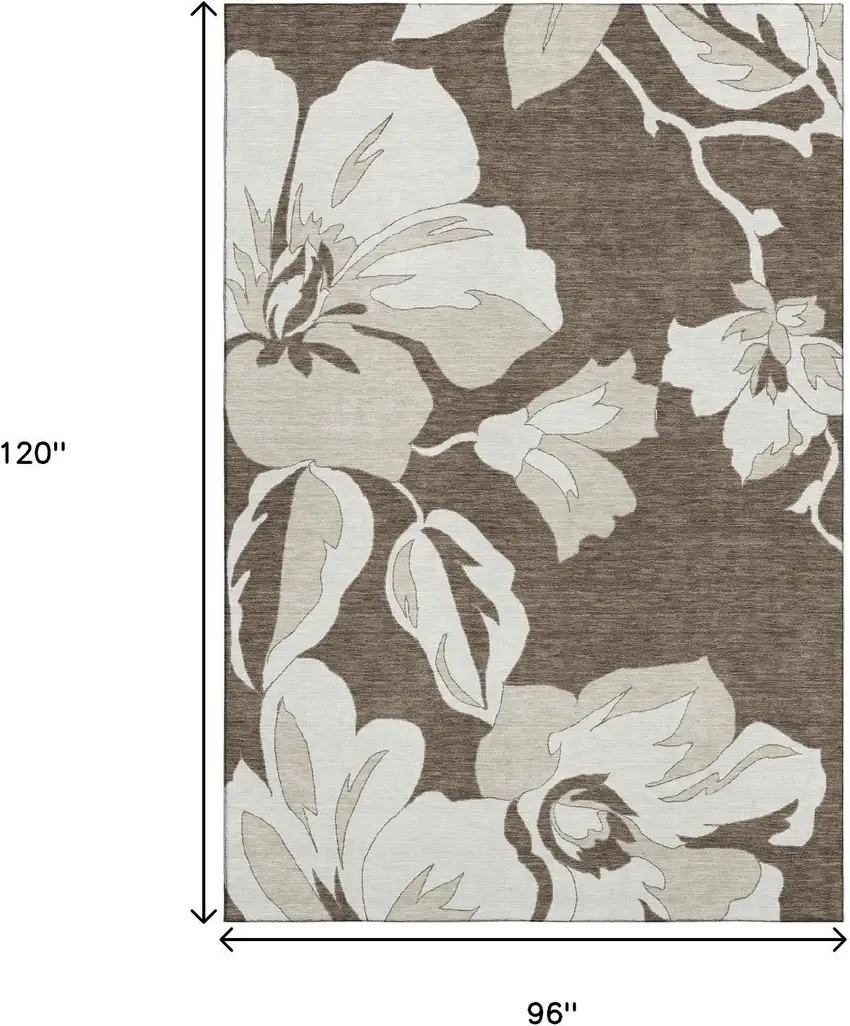 Brown And Ivory Floral Washable Area Rug With UV Protection Photo 8