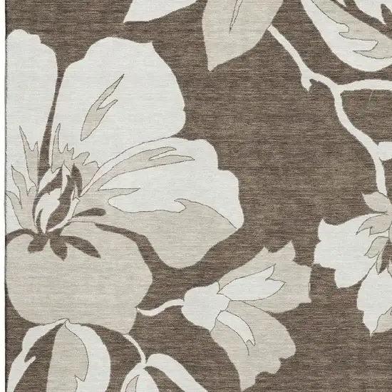 Brown And Ivory Floral Washable Area Rug With UV Protection Photo 3