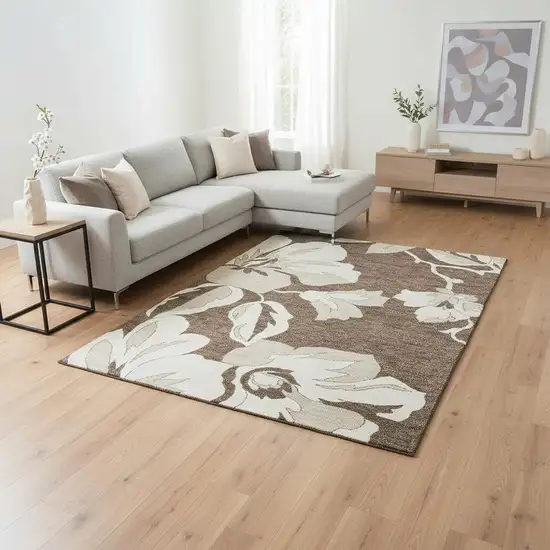 Brown And Ivory Floral Washable Area Rug With UV Protection Photo 2