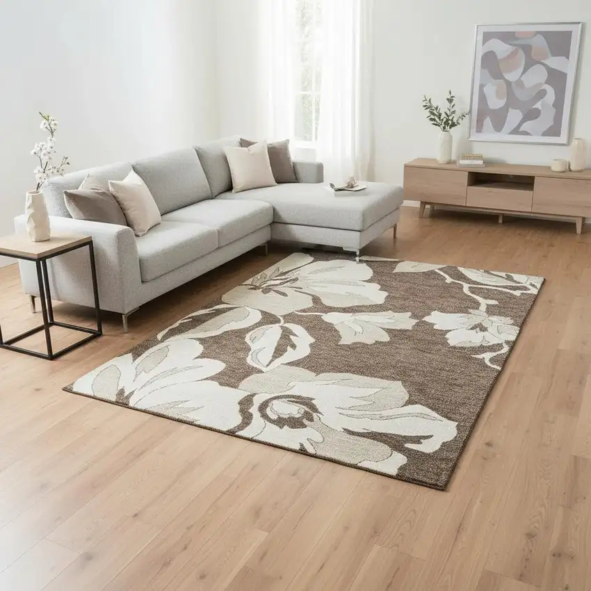 Brown And Ivory Floral Washable Area Rug With UV Protection Photo 2