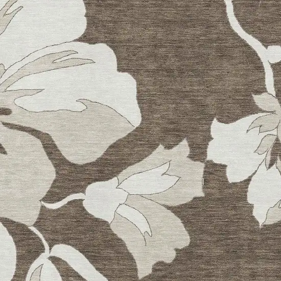 Brown And Ivory Floral Washable Area Rug With UV Protection Photo 3