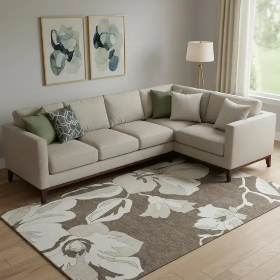 Brown And Ivory Floral Washable Area Rug With UV Protection Photo 1