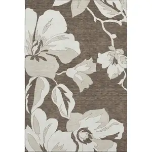 Photo of Brown And Ivory Floral Washable Area Rug With UV Protection