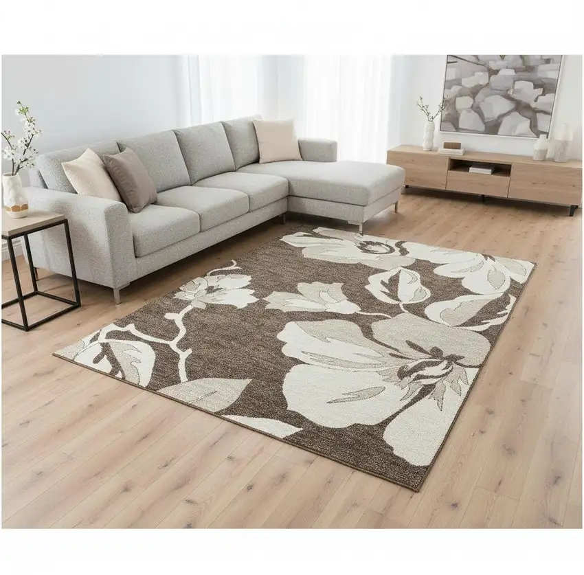 Brown And Ivory Floral Washable Area Rug With UV Protection Photo 2