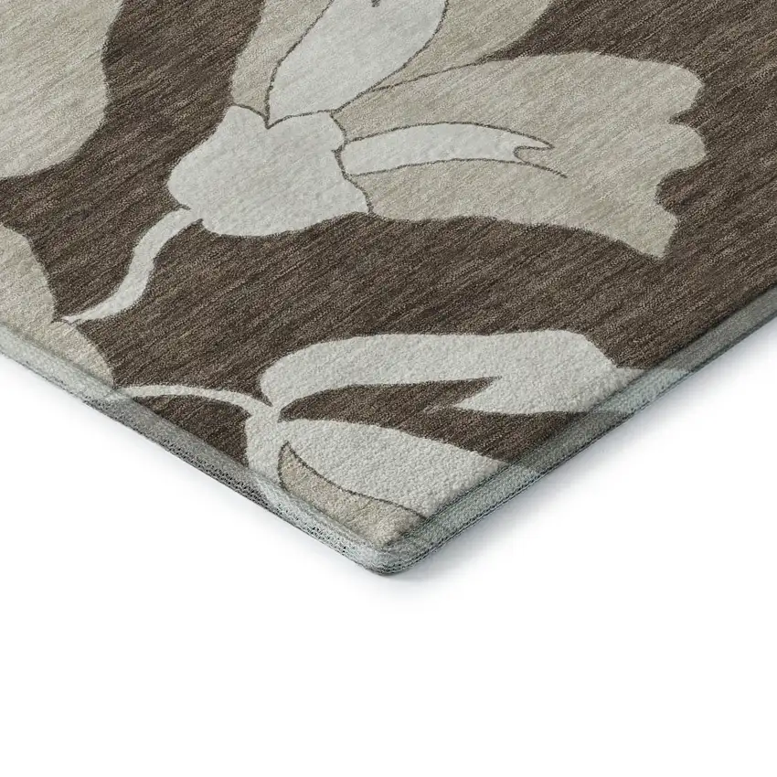 Brown And Ivory Floral Washable Area Rug With UV Protection Photo 8