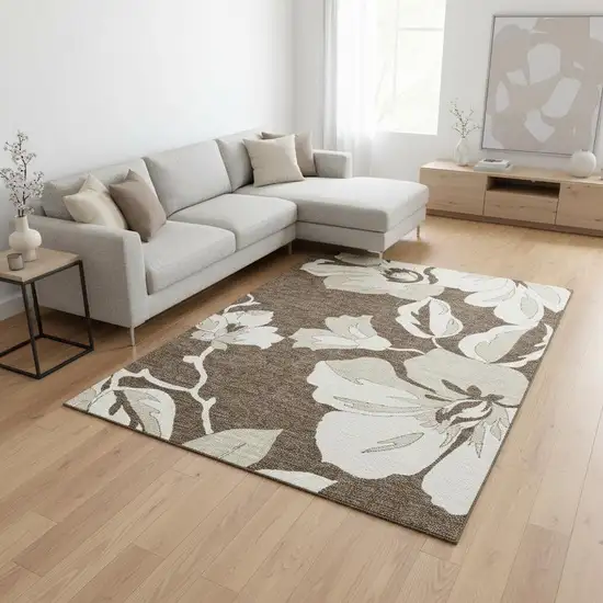 Brown And Ivory Floral Washable Area Rug With UV Protection Photo 2