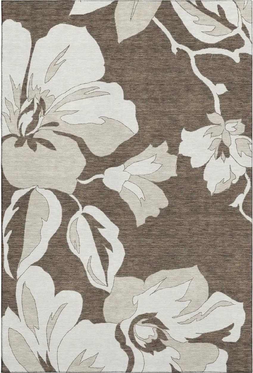 Brown And Ivory Floral Washable Area Rug With UV Protection Photo 1