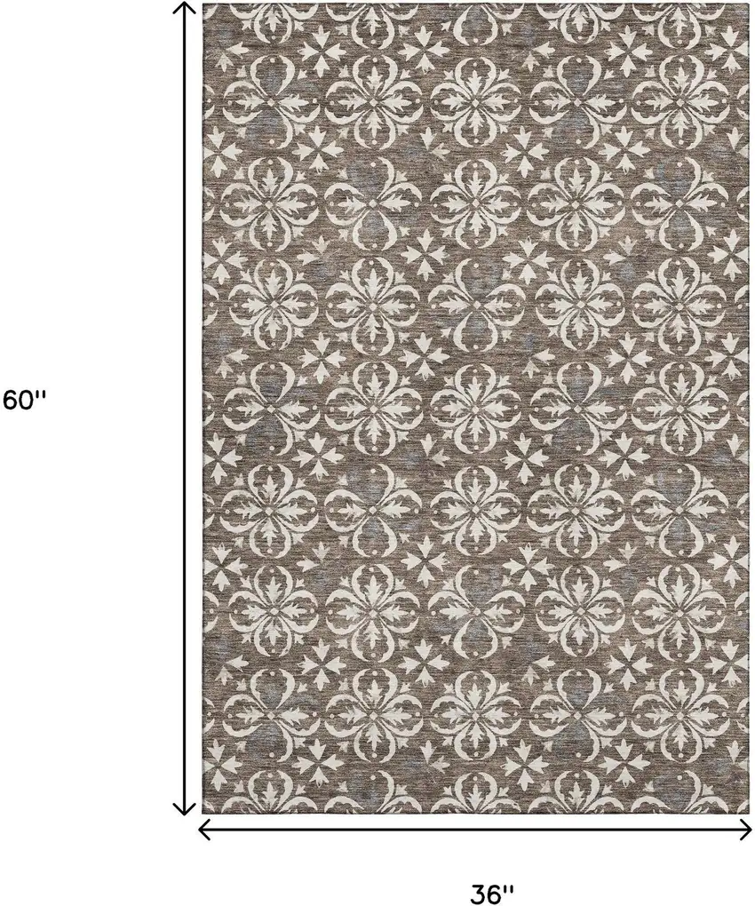 Brown And Ivory Floral Washable Area Rug With UV Protection Photo 3