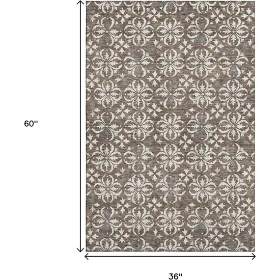Brown And Ivory Floral Washable Area Rug With UV Protection Photo 3
