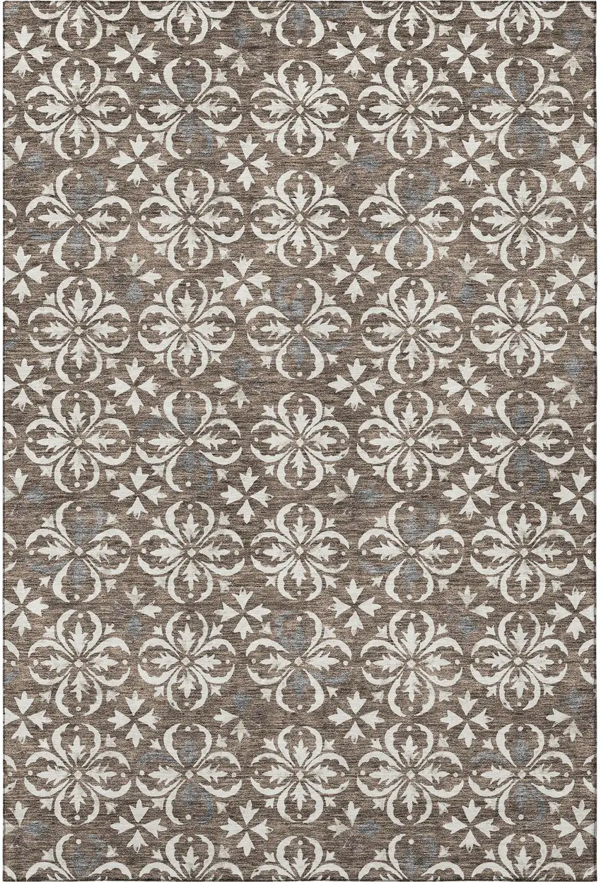 Brown And Ivory Floral Washable Area Rug With UV Protection Photo 4