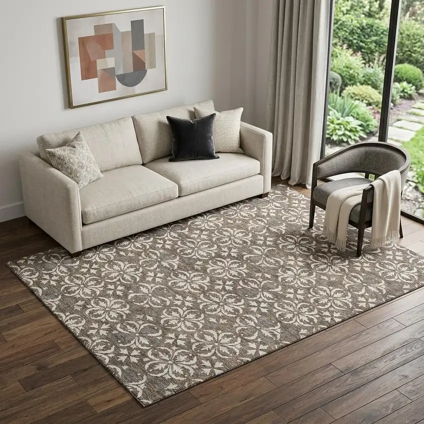 Brown And Ivory Floral Washable Area Rug With UV Protection Photo 1