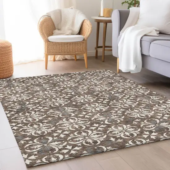 Brown And Ivory Floral Washable Area Rug With UV Protection Photo 4