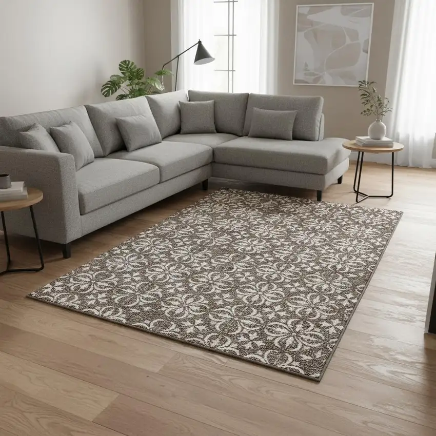 Brown And Ivory Floral Washable Area Rug With UV Protection Photo 2