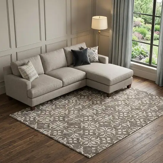 Brown And Ivory Floral Washable Area Rug With UV Protection Photo 1