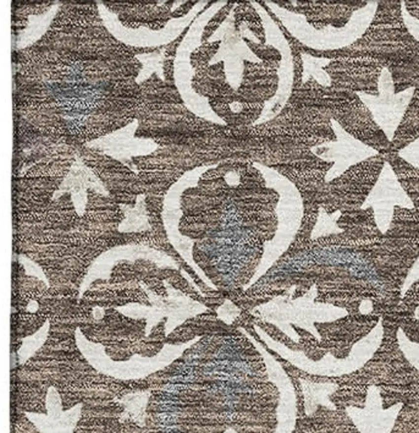 Brown And Ivory Floral Washable Area Rug With UV Protection Photo 2