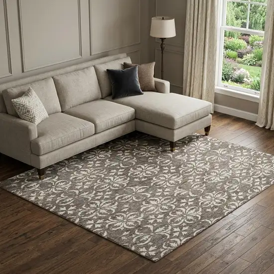 Brown And Ivory Floral Washable Area Rug With UV Protection Photo 1
