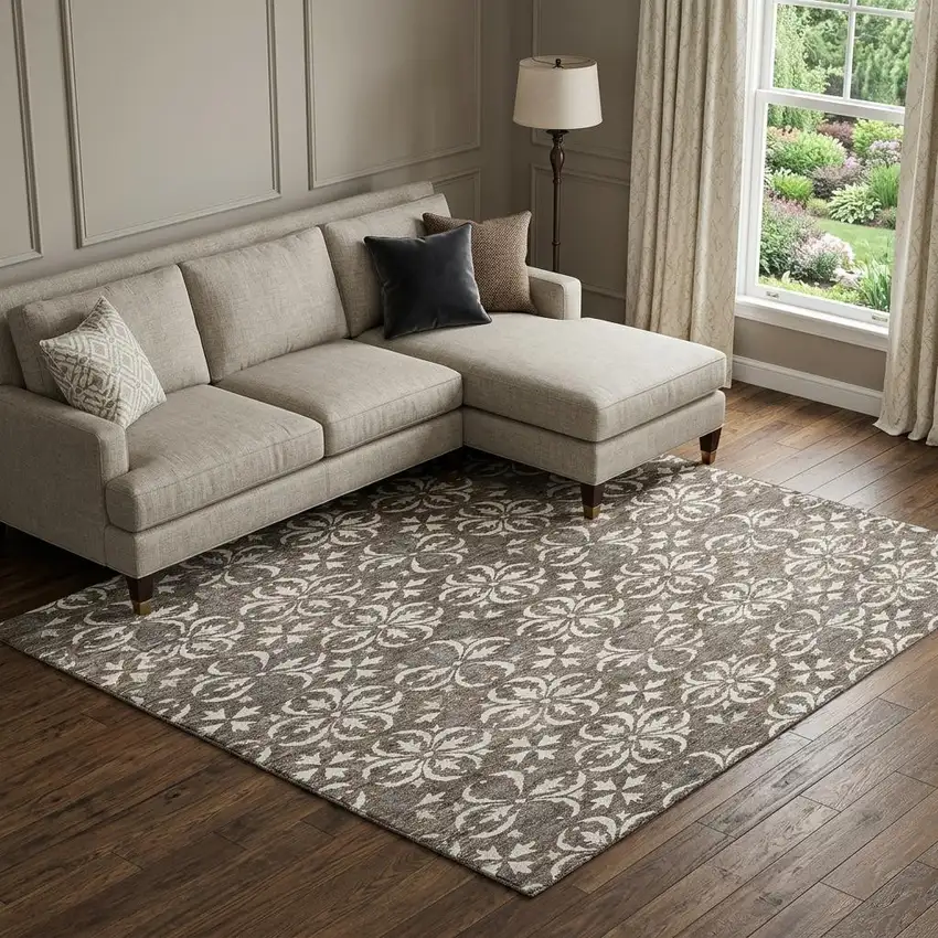 Brown And Ivory Floral Washable Area Rug With UV Protection Photo 1