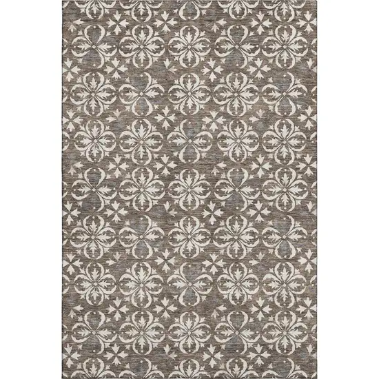 Brown And Ivory Floral Washable Area Rug With UV Protection Photo 1