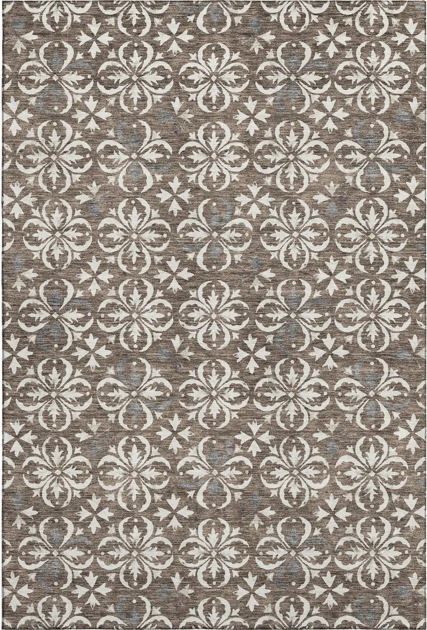 Brown And Ivory Floral Washable Area Rug With UV Protection Photo 1