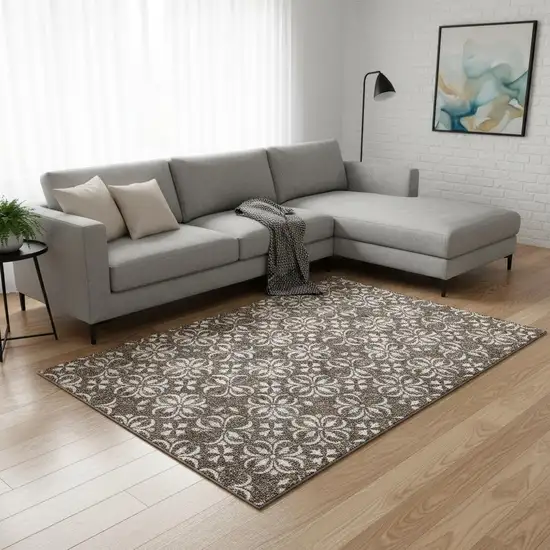 Brown And Ivory Floral Washable Area Rug With UV Protection Photo 2