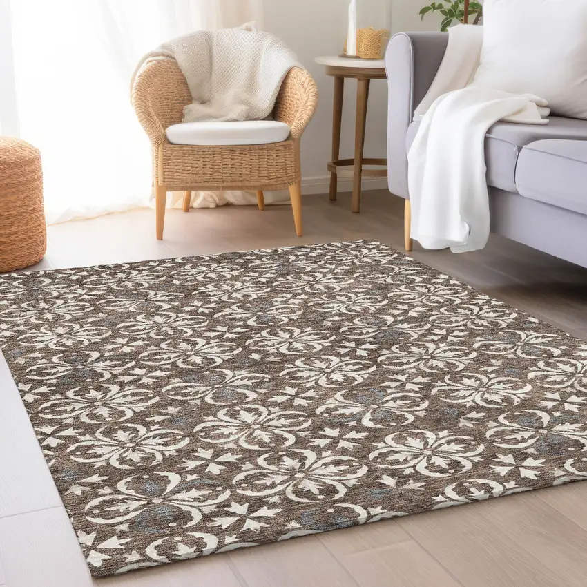 Brown And Ivory Floral Washable Area Rug With UV Protection Photo 3