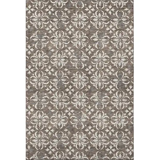 Brown And Ivory Floral Washable Area Rug With UV Protection Photo 2