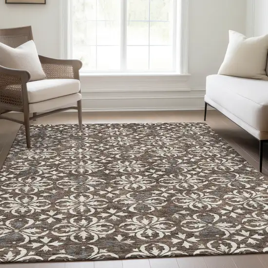 Brown And Ivory Floral Washable Area Rug With UV Protection Photo 4