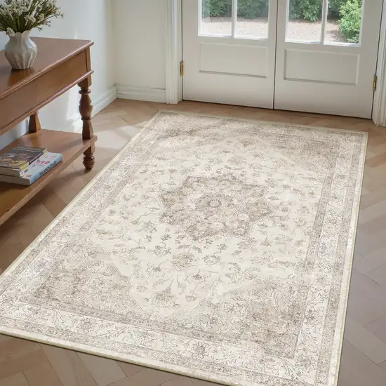 Ivory And Brown Floral Medallion Washable Area Rug Photo 6