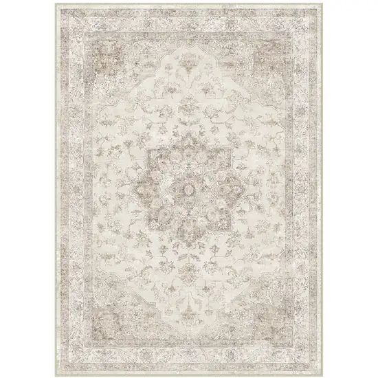 Ivory And Brown Floral Medallion Washable Area Rug Photo 2