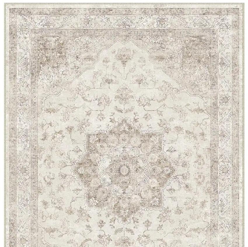 Ivory And Brown Floral Medallion Washable Area Rug Photo 5
