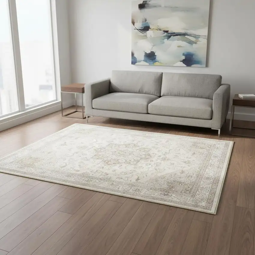 Ivory And Brown Floral Medallion Washable Area Rug Photo 1