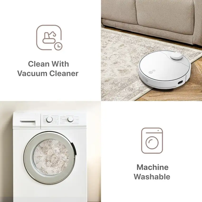 Ivory And Brown And Ivory Floral Medallion Washable Area Rug Photo 9