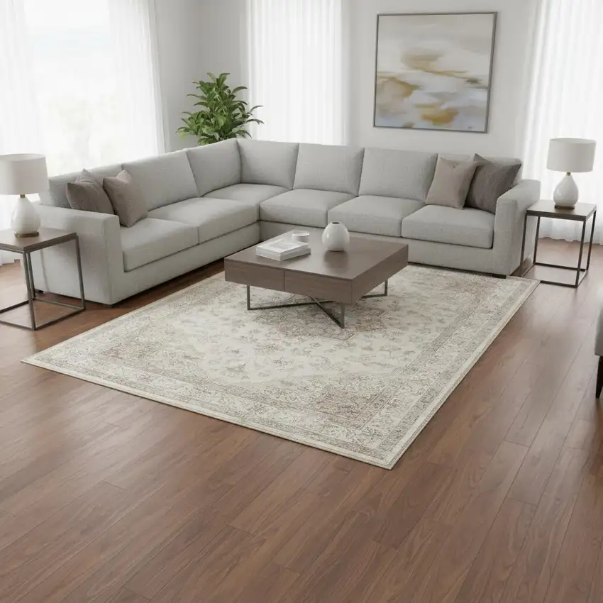 Ivory And Brown And Ivory Floral Medallion Washable Area Rug Photo 1